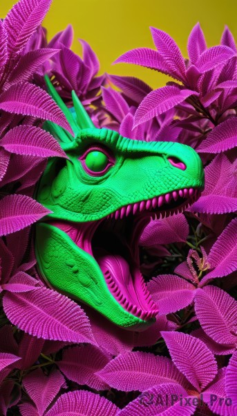 solo,open mouth,green eyes,flower,teeth,tongue,tongue out,no humans,leaf,plant,sharp teeth,yellow background,monster,simple background,pink eyes,animal,animal focus,colorful,dinosaur