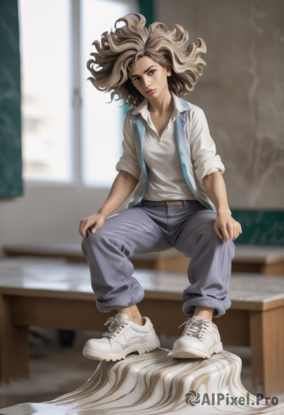 1girl,solo,long hair,looking at viewer,brown hair,shirt,brown eyes,sitting,full body,white shirt,open clothes,shoes,collared shirt,pants,indoors,blurry,lips,head tilt,window,open shirt,floating hair,depth of field,blurry background,watermark,white footwear,wind,sneakers,sleeves rolled up,realistic,nose,classroom,grey pants,chalkboard,no socks,hands on own knees,sleeves pushed up,blonde hair,artist name,makeup,denim,lipstick,curly hair,jeans