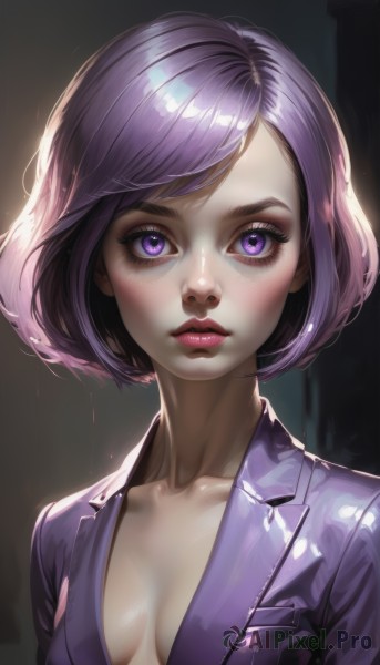 1girl,solo,breasts,looking at viewer,blush,short hair,bangs,cleavage,medium breasts,closed mouth,purple eyes,collarbone,jacket,upper body,purple hair,small breasts,open clothes,shiny,shiny hair,lips,shiny skin,eyelashes,no bra,makeup,swept bangs,formal,bob cut,lipstick,breasts apart,eyeshadow,shiny clothes,realistic,nose,center opening,red lips,eyeliner,purple jacket,mascara,parted lips,artist name,open jacket,parted bangs,watermark,thick eyebrows,web address,backlighting,freckles