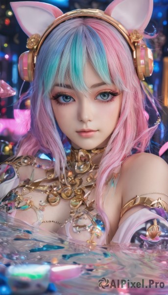 1girl,solo,long hair,breasts,looking at viewer,bangs,blue eyes,animal ears,cleavage,bare shoulders,jewelry,medium breasts,closed mouth,blue hair,upper body,pink hair,multicolored hair,detached sleeves,water,necklace,blurry,two-tone hair,lips,streaked hair,fox ears,eyelashes,aqua hair,makeup,blurry background,fake animal ears,headphones,gem,eyeshadow,partially submerged,mascara,animal ear headphones,large breasts,choker,realistic