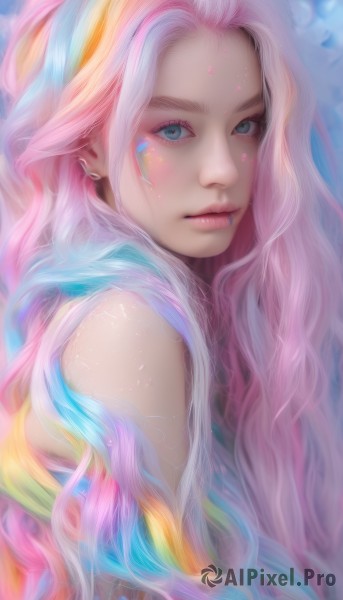 1girl,solo,long hair,looking at viewer,blue eyes,bare shoulders,jewelry,closed mouth,blue hair,upper body,pink hair,multicolored hair,earrings,from side,lips,eyelashes,makeup,wavy hair,piercing,ear piercing,personification,realistic,nose,nose piercing,lip piercing,rainbow hair,facial mark