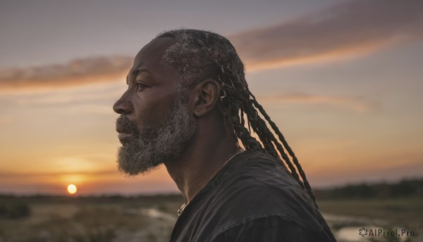 solo,long hair,black hair,1boy,jewelry,upper body,braid,male focus,earrings,outdoors,sky,cloud,dark skin,necklace,blurry,from side,profile,blurry background,facial hair,dark-skinned male,portrait,beard,sunset,realistic,sun,very dark skin,dreadlocks,closed mouth,looking afar,multiple braids