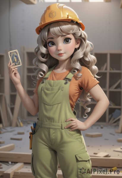 1girl,solo,long hair,looking at viewer,smile,bangs,blonde hair,shirt,hat,holding,brown eyes,closed mouth,standing,short sleeves,cowboy shot,indoors,blurry,lips,hand on hip,blurry background,wavy hair,helmet,t-shirt,curly hair,card,overalls,orange shirt,holding card,hardhat,breasts,brown hair,depth of field,freckles,pocket,pouch,between fingers,wrench,screwdriver