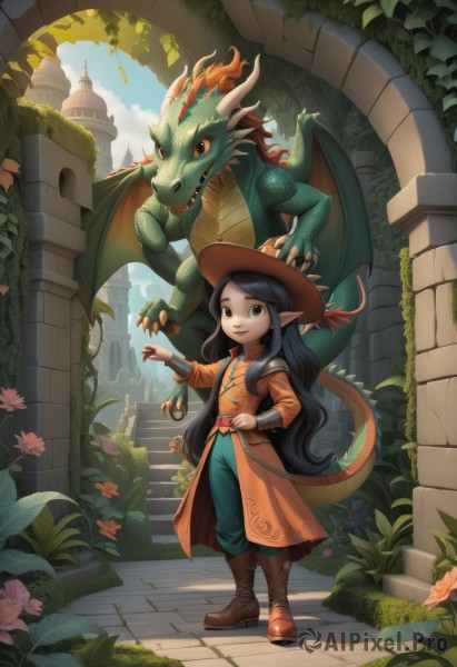 1girl,solo,long hair,looking at viewer,smile,black hair,long sleeves,hat,brown eyes,very long hair,standing,tail,weapon,flower,boots,outdoors,horns,sky,day,pointy ears,belt,pants,cloud,black eyes,coat,brown footwear,plant,walking,dragon girl,stairs,fantasy,dragon,dragon tail,full body,wings