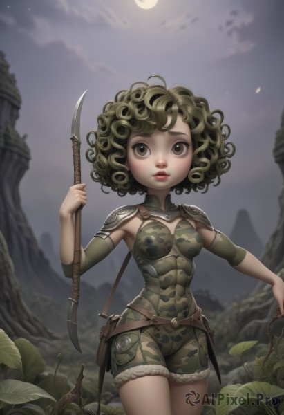 1girl,solo,breasts,looking at viewer,short hair,brown hair,holding,brown eyes,medium breasts,standing,weapon,cowboy shot,outdoors,parted lips,detached sleeves,green hair,sky,shorts,belt,cloud,holding weapon,armor,blurry,lips,fur trim,night,leaf,moon,knife,plant,polearm,shoulder armor,night sky,full moon,curly hair,spear,pouch,camouflage,small breasts,sword,leotard,wavy hair,abs,toned,dagger,green shorts