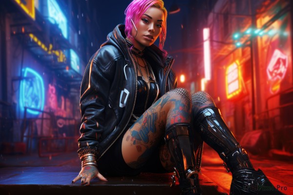 1girl,solo,breasts,looking at viewer,short hair,cleavage,brown eyes,jewelry,sitting,jacket,pink hair,multicolored hair,earrings,boots,outdoors,parted lips,open clothes,shorts,choker,necklace,nail polish,black footwear,blurry,bracelet,open jacket,lips,black jacket,tattoo,makeup,night,blurry background,ring,knee boots,fishnets,black nails,eyeshadow,realistic,nose,eyeliner,arm tattoo,leather,leg tattoo,leather jacket,mascara,cyberpunk,neon lights,medium breasts,pantyhose,hood,two-tone hair,black shorts,lipstick,zipper,science fiction,hoop earrings,fishnet pantyhose,spiked bracelet,gothic,graffiti,leather boots,mole above mouth