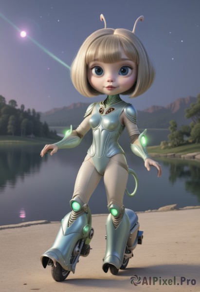 1girl,solo,breasts,looking at viewer,short hair,bangs,blue eyes,blonde hair,closed mouth,standing,full body,small breasts,outdoors,sky,artist name,blunt bangs,water,armor,tree,lips,bodysuit,night,glowing,moon,bob cut,child,star (sky),night sky,starry sky,reflection,science fiction,antennae,female child,road,cyborg,lake,shooting star,skates,roller skates,inline skates,smile,robot,joints