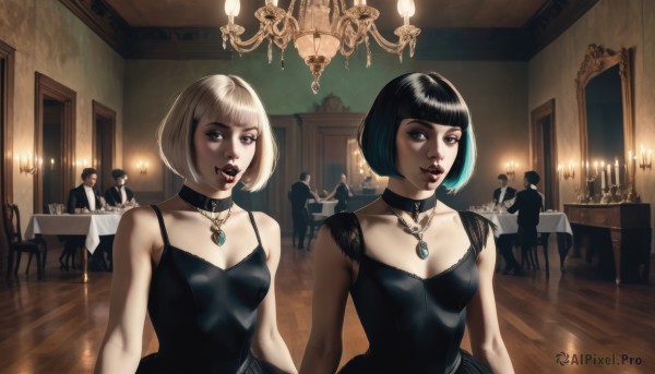 breasts,looking at viewer,short hair,open mouth,bangs,blue eyes,multiple girls,blonde hair,black hair,dress,2girls,cleavage,bare shoulders,jewelry,sitting,collarbone,multicolored hair,small breasts,multiple boys,sleeveless,choker,tongue,indoors,tongue out,blunt bangs,necklace,black eyes,black dress,two-tone hair,cup,lips,makeup,sleeveless dress,siblings,black choker,chair,formal,table,bob cut,lipstick,instrument,pendant,reflection,6+boys,twins,wooden floor,mirror,licking lips,red lips,spaghetti strap,candle,black collar,piano,black lips,chandelier,medium breasts,green hair,6+girls,suit,realistic,playing instrument,candlestand