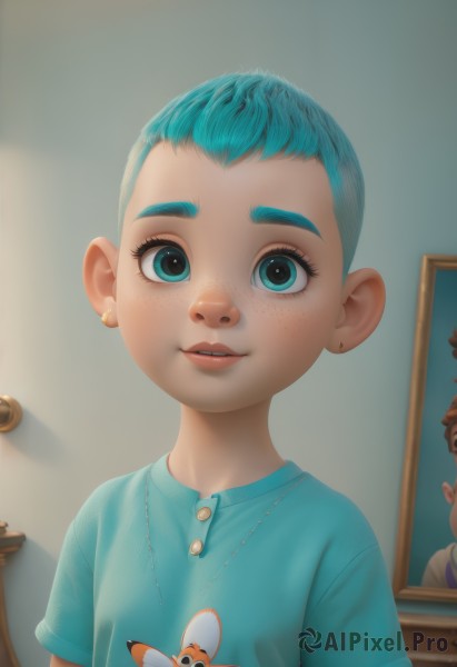 1girl,solo,looking at viewer,smile,short hair,blue eyes,shirt,jewelry,blue hair,upper body,short sleeves,earrings,parted lips,teeth,indoors,aqua eyes,lips,eyelashes,aqua hair,bug,blue shirt,child,freckles,female child,stud earrings,very short hair,print shirt,artist name,necklace,thick eyebrows,realistic