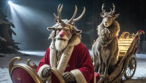 HQ,solo,looking at viewer,gloves,1boy,jewelry,male focus,outdoors,necklace,tree,fur trim,night,facial hair,animal,christmas,furry,snow,mountain,antlers,reindeer antlers,deer,wheelchair,reindeer,sitting,sky,no humans,night sky,beard