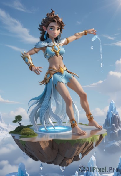 1girl,solo,breasts,looking at viewer,smile,short hair,blue eyes,skirt,brown hair,navel,jewelry,medium breasts,standing,full body,earrings,outdoors,sky,barefoot,day,pointy ears,midriff,cloud,dark skin,water,armor,bracelet,dark-skinned female,tree,blue sky,lips,blue skirt,toes,grass,outstretched arm,elf,shoulder armor,gem,armlet,pauldrons,ice,crystal,mountain,anklet,sun,vambraces,bracer,hydrokinesis,long hair,pouring,floating island