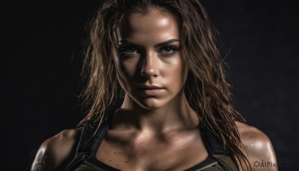 1girl,solo,long hair,looking at viewer,simple background,brown hair,bare shoulders,brown eyes,collarbone,upper body,dark skin,armor,mole,dark-skinned female,lips,black background,portrait,freckles,realistic,nose,dirty,blonde hair,shiny,dirty face