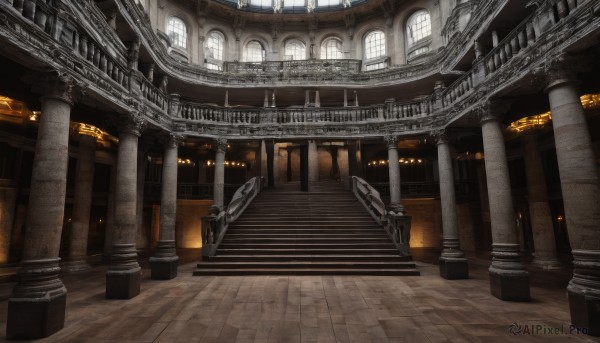 indoors,no humans,window,sunlight,building,scenery,stairs,railing,architecture,pillar,statue,church,arch,chandelier,column,wooden floor,light