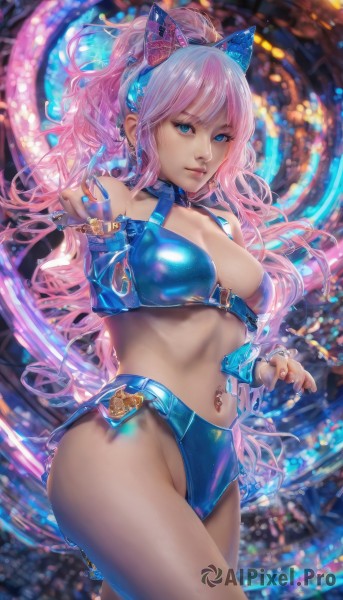 1girl,solo,long hair,breasts,looking at viewer,smile,bangs,blue eyes,large breasts,navel,animal ears,cleavage,bare shoulders,jewelry,medium breasts,swimsuit,ponytail,pink hair,bikini,thighs,earrings,detached sleeves,midriff,cat ears,nail polish,collar,lips,fake animal ears,headphones,piercing,ear piercing,navel piercing,animal ear headphones,cat ear headphones,hair ornament,closed mouth,standing,sidelocks,cowboy shot,hairband,parted lips,shiny,artist name,signature,blurry,fingernails,depth of field,blurry background,watermark,ring,high ponytail,revealing clothes,web address,blue bikini,blue nails,shiny clothes,realistic,cyberpunk,hologram