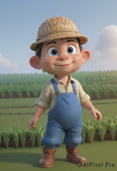 solo,looking at viewer,blush,smile,short hair,blue eyes,shirt,black hair,1boy,hat,standing,full body,male focus,boots,outdoors,sky,day,collared shirt,cloud,blurry,blue sky,blurry background,brown footwear,grass,child,straw hat,overalls,male child,field,blue overalls,open mouth,brown hair,sleeves rolled up,realistic