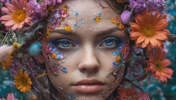 1girl, solo, looking at viewer, blue eyes, brown hair, hair ornament, closed mouth, flower, hair flower, dark skin, blurry, dark-skinned female, lips, eyelashes, makeup, depth of field, gem, portrait, close-up, pink flower, freckles, blue flower, realistic, yellow flower, nose, purple flower, orange flower, eye focus