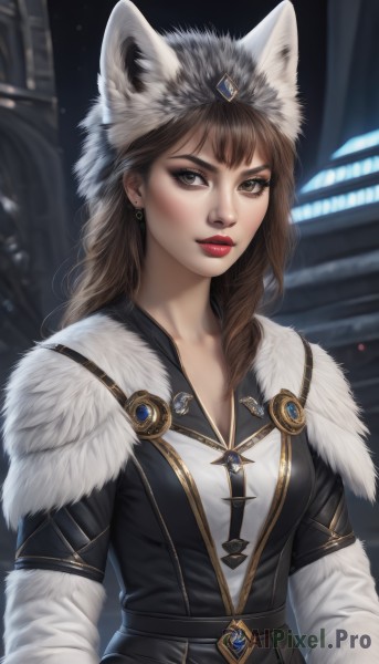 1girl,solo,long hair,breasts,looking at viewer,bangs,brown hair,long sleeves,hat,animal ears,brown eyes,jewelry,medium breasts,upper body,earrings,parted lips,artist name,blurry,lips,coat,fur trim,makeup,blurry background,lipstick,brooch,gem,eyeshadow,nose,red lips,fur hat,cleavage,wolf ears,realistic