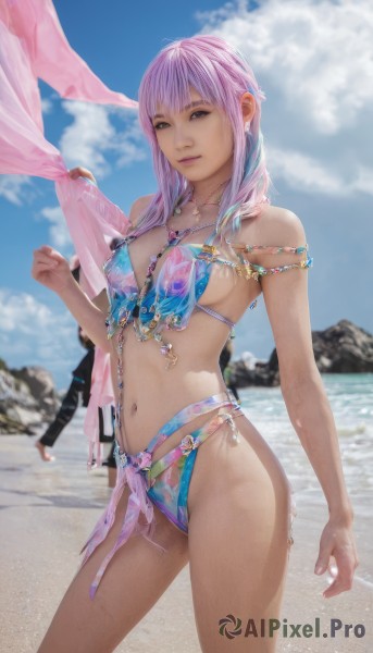 1girl,solo,long hair,breasts,looking at viewer,smile,bangs,navel,bare shoulders,brown eyes,jewelry,medium breasts,closed mouth,standing,swimsuit,weapon,pink hair,purple hair,bikini,thighs,multicolored hair,cowboy shot,outdoors,sky,day,cloud,water,necklace,blurry,blue sky,lips,gun,blurry background,ocean,beach,blue bikini,realistic,sand,belly chain,multicolored bikini,covered nipples,wet,piercing