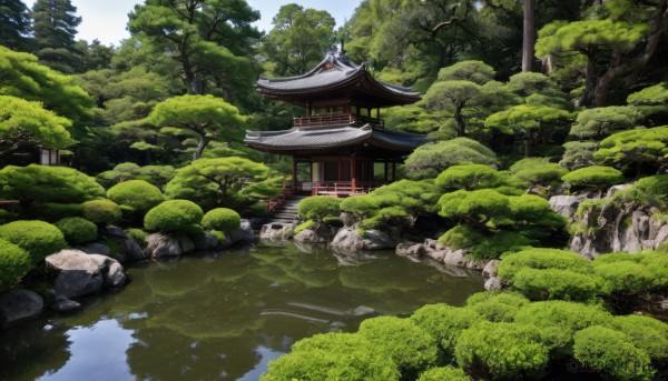 outdoors,sky,day,water,tree,no humans,grass,building,nature,scenery,forest,rock,stairs,torii,architecture,bridge,east asian architecture,river,shrine,moss,pond,stone lantern,real world location,cloud,reflection