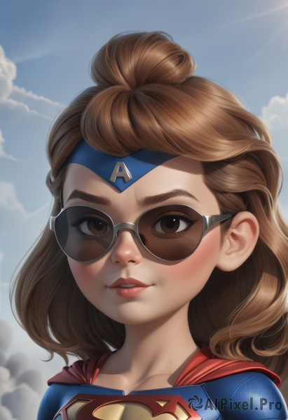 1girl,solo,long hair,looking at viewer,smile,brown hair,brown eyes,closed mouth,collarbone,upper body,outdoors,sky,day,artist name,cloud,medium hair,cape,blue sky,lips,bodysuit,makeup,headband,sunglasses,cloudy sky,aged down,lipstick,portrait,genderswap (mtf),red cape,red lips,tinted eyewear,superhero,parted lips,teeth,eyelashes,wavy hair,thick eyebrows,backlighting,nose,contrail