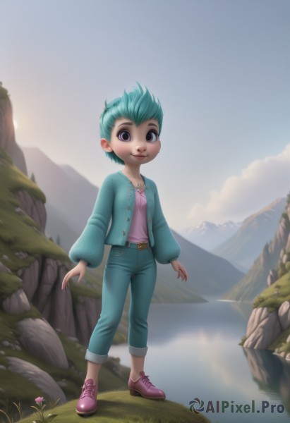 1girl,solo,looking at viewer,smile,short hair,shirt,long sleeves,jewelry,closed mouth,blue hair,standing,purple eyes,jacket,full body,flower,outdoors,open clothes,sky,shoes,day,belt,pants,artist name,cloud,signature,water,necklace,open jacket,blue sky,aqua hair,watermark,grass,denim,blue jacket,sneakers,child,web address,jeans,belt buckle,mountain,pink footwear,female child,river,lake,green hair,scenery,rock