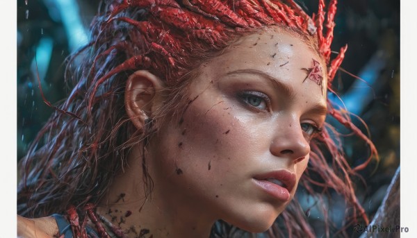 1girl,solo,long hair,looking at viewer,red hair,parted lips,teeth,blurry,lips,grey eyes,blood,blurry background,facial mark,portrait,freckles,blood on face,realistic,nose,blue eyes,eyelashes,close-up,science fiction,forehead mark,dirty,damaged