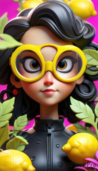 1girl,solo,long hair,looking at viewer,smile,black hair,brown eyes,jewelry,earrings,food,glasses,blurry,lips,makeup,fruit,leaf,watermark,pink background,goggles,portrait,zipper,freckles,curly hair,lemon,brown hair,upper body