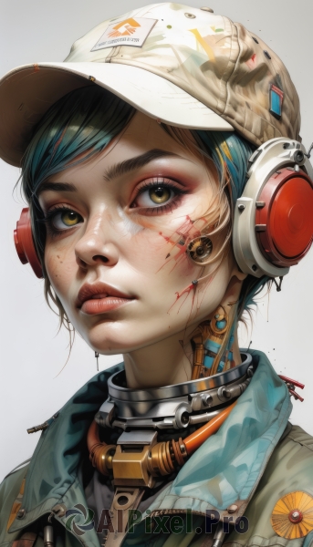 1girl,solo,looking at viewer,short hair,bangs,simple background,hat,white background,brown eyes,jewelry,blue hair,jacket,yellow eyes,upper body,multicolored hair,earrings,parted lips,green hair,teeth,artist name,collar,lips,gradient,gradient background,eyelashes,aqua hair,blood,makeup,headphones,white headwear,lipstick,portrait,baseball cap,eyeshadow,zipper,freckles,science fiction,blood on face,realistic,nose,red lips,eyeliner,cable,cyborg,dirty,mascara,cyberpunk,dirty face,mechanical parts,print headwear,black hair,signature,grey background,streaked hair,swept bangs,injury,badge,button badge