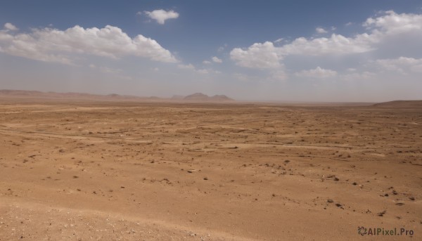 monochrome,outdoors,sky,day,cloud,blue sky,no humans,ocean,beach,scenery,sand,horizon,landscape,shore,brown theme,desert,cloudy sky,field