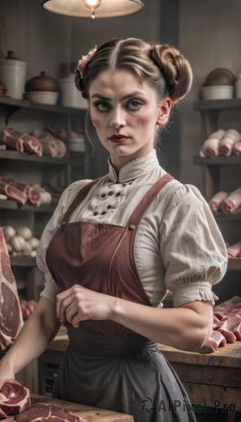 1girl,solo,breasts,looking at viewer,short hair,blue eyes,skirt,brown hair,shirt,hair ornament,white shirt,short sleeves,food,puffy sleeves,indoors,hair bun,apron,puffy short sleeves,lips,grey eyes,double bun,blood,makeup,realistic,red lips,bread,dirty,braided bun,meat,closed mouth,standing,upper body,nail polish,lipstick,blouse