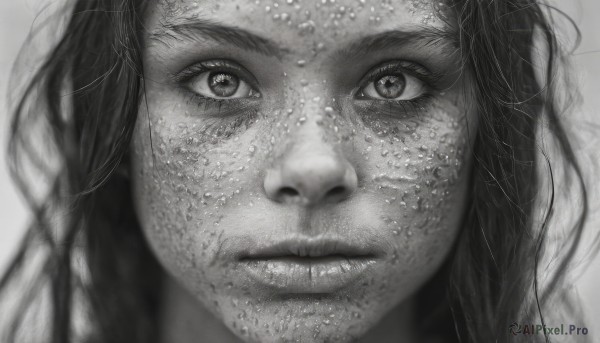 1girl,solo,long hair,looking at viewer,simple background,white background,closed mouth,monochrome,greyscale,parted lips,lips,eyelashes,portrait,close-up,freckles,realistic,dirty,teeth,blurry,messy hair