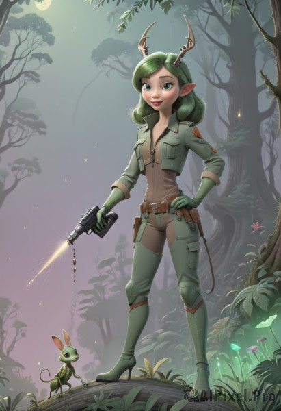 1girl,solo,breasts,looking at viewer,smile,gloves,green eyes,standing,jacket,full body,weapon,boots,outdoors,green hair,pointy ears,belt,tree,lips,hand on hip,gun,bodysuit,night,moon,grass,nature,full moon,handgun,forest,zipper,antlers,long hair,holding,small breasts,high heels,leaf,plant,pouch,antennae,mushroom,belt pouch,green gloves