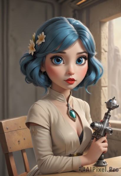 1girl,solo,breasts,looking at viewer,blush,short hair,bangs,blue eyes,hair ornament,long sleeves,dress,holding,cleavage,jewelry,medium breasts,sitting,blue hair,upper body,flower,earrings,small breasts,artist name,indoors,hair flower,necklace,blurry,lips,clothing cutout,eyelashes,makeup,blurry background,watermark,chair,cleavage cutout,table,white flower,lipstick,gem,pendant,freckles,red lips,mascara,closed mouth,weapon,parted bangs,web address,realistic,camera,deviantart username