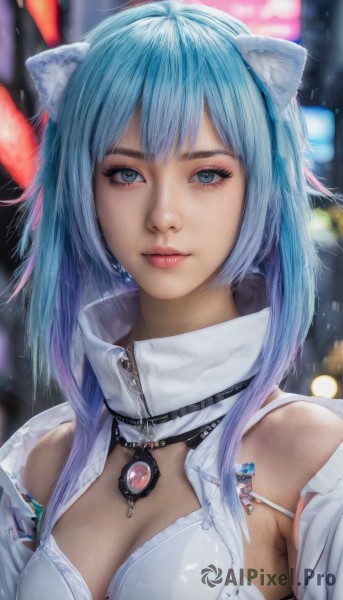 1girl,solo,long hair,breasts,looking at viewer,bangs,blue eyes,animal ears,cleavage,bare shoulders,jewelry,medium breasts,closed mouth,blue hair,upper body,multicolored hair,artist name,cat ears,necklace,bra,blurry,lips,animal ear fluff,clothing cutout,eyelashes,blurry background,realistic,underwear,pendant,zipper,white bra,rain