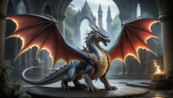 A stunning monster within a lush fiery outdoors