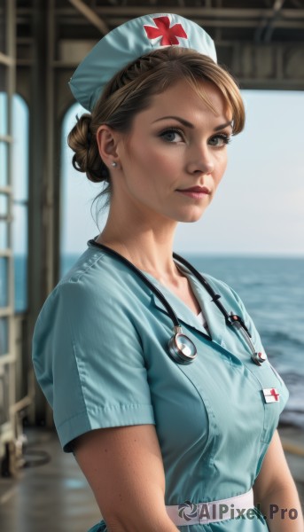 1girl,solo,breasts,looking at viewer,smile,brown hair,hat,dress,brown eyes,jewelry,medium breasts,closed mouth,upper body,short sleeves,earrings,day,indoors,hair bun,blurry,lips,blood,blurry background,blue dress,single hair bun,cross,freckles,realistic,nose,nurse cap,nurse,stethoscope,red cross,short hair,makeup