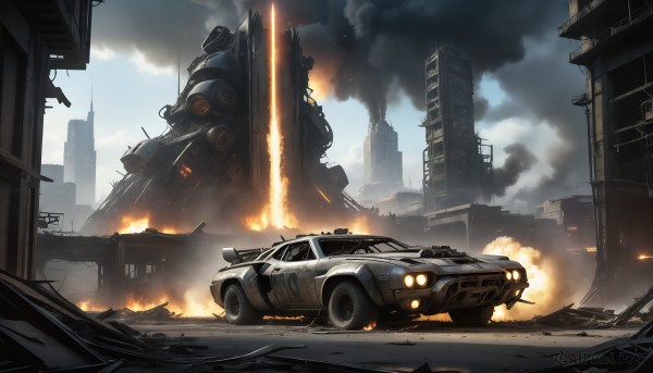 HQ,outdoors,sky,day,cloud,military,no humans,cloudy sky,fire,ground vehicle,building,scenery,motor vehicle,smoke,science fiction,city,military vehicle,car,explosion,ruins,vehicle focus,damaged,skyscraper,debris,destruction,signature,realistic,road,truck