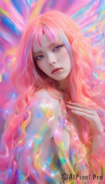 1girl,solo,long hair,looking at viewer,bangs,blue eyes,jewelry,closed mouth,upper body,pink hair,nude,multicolored hair,parted lips,necklace,lips,wavy hair,hand on own chest,colorful,breasts,hand up,eyelashes,watermark,realistic,nose