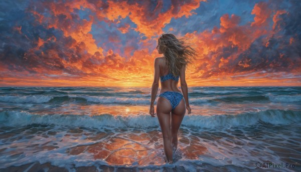 1girl,solo,long hair,brown hair,black hair,bare shoulders,standing,swimsuit,ass,bikini,outdoors,sky,cloud,water,from behind,dutch angle,floating hair,ocean,back,beach,cloudy sky,wind,scenery,blue bikini,wading,sunset,sand,arms at sides,horizon,facing away,waves,evening,orange sky,looking away,walking,looking afar,wide shot