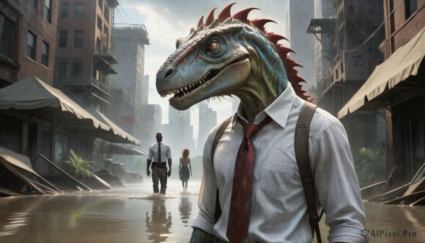 HQ,1girl,short hair,open mouth,multiple girls,brown hair,shirt,red eyes,long sleeves,white shirt,red hair,outdoors,multiple boys,necktie,sky,teeth,day,collared shirt,pants,cloud,2boys,water,bag,tree,wet,backpack,cloudy sky,sharp teeth,red necktie,building,scenery,sleeves rolled up,reflection,walking,rain,monster,city,power lines,street,puddle,post-apocalypse,1boy,yellow eyes,umbrella,kaijuu