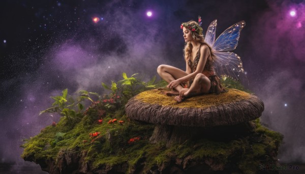 1girl,solo,long hair,blonde hair,brown hair,hair ornament,sitting,braid,flower,wings,sky,barefoot,pointy ears,feet,night,grass,bug,plant,star (sky),nature,night sky,scenery,starry sky,realistic,fairy wings,fairy,indian style,head wreath,mushroom,butterfly wings,leaf,fantasy