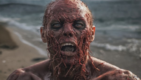 solo,looking at viewer,open mouth,blue eyes,1boy,collarbone,male focus,outdoors,sky,teeth,day,blurry,blurry background,beach,clenched teeth,portrait,science fiction,realistic,sand,grey eyes,blood,ocean,veins,blood on face