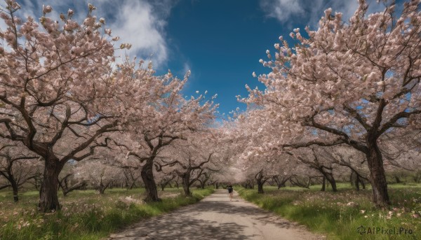 1girl, solo, skirt, school uniform, outdoors, sky, day, cloud, tree, blue sky, grass, cherry blossoms, scenery, road, path