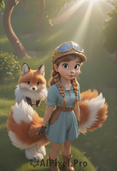 1girl,solo,long hair,looking at viewer,smile,brown hair,shirt,gloves,hat,brown eyes,closed mouth,standing,tail,full body,braid,short sleeves,boots,outdoors,shorts,day,black gloves,belt,artist name,signature,fingerless gloves,twin braids,tree,fox ears,fox tail,animal,brown footwear,sunlight,grass,blue shirt,goggles,multiple tails,child,nature,hair over shoulder,forest,freckles,goggles on head,light rays,female child,fox,goggles on headwear,lips,thick eyebrows,helmet,brown gloves,overalls