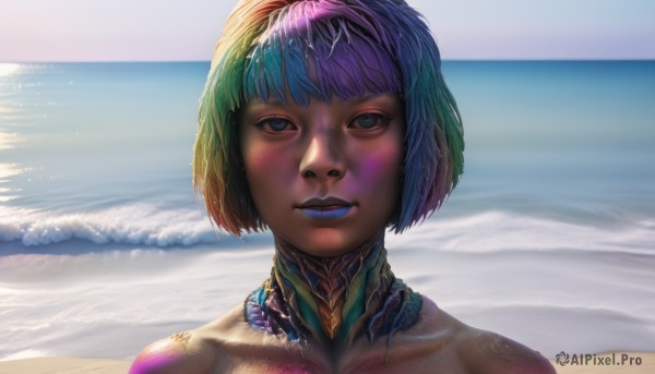 1girl,solo,looking at viewer,smile,short hair,bangs,blue eyes,closed mouth,blue hair,collarbone,upper body,purple hair,multicolored hair,outdoors,green hair,sky,day,water,two-tone hair,lips,gradient hair,makeup,ocean,beach,lipstick,portrait,science fiction,realistic,nose,sand,android,horizon,waves,blue lips,sunlight,bob cut,freckles,purple lips