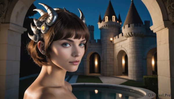 1girl,solo,looking at viewer,smile,short hair,bangs,blue eyes,brown hair,hair ornament,jewelry,collarbone,nude,earrings,outdoors,horns,sky,lips,night,building,portrait,freckles,realistic,nose,upper body,eyelashes,star (sky),night sky,architecture