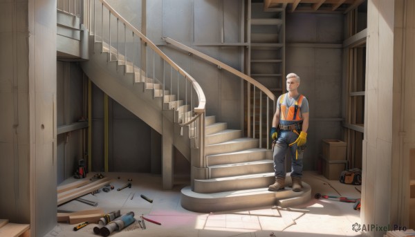 solo,shirt,gloves,1boy,standing,white hair,short sleeves,male focus,boots,belt,pants,indoors,dark skin,vest,facial hair,dark-skinned male,box,stairs,overalls,bald,wrench,industrial pipe,screwdriver,tools,fingerless gloves,brown footwear,t-shirt,brown gloves,yellow gloves,drill