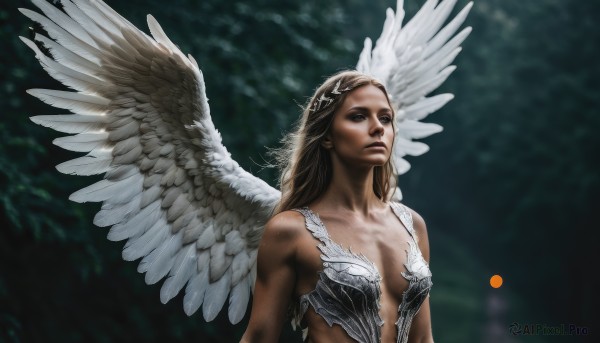 1girl,solo,long hair,breasts,blue eyes,blonde hair,brown hair,hair ornament,cleavage,bare shoulders,medium breasts,upper body,small breasts,wings,blurry,lips,blurry background,nature,feathered wings,angel wings,realistic,white wings,angel,looking up