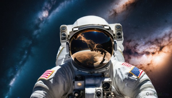 solo,upper body,sky,star (symbol),no humans,pov,helmet,star (sky),1other,reflection,science fiction,realistic,space,planet,damaged,earth (planet),american flag,spacecraft,spacesuit,cockpit,japanese flag,united states,astronaut,explosion,pilot