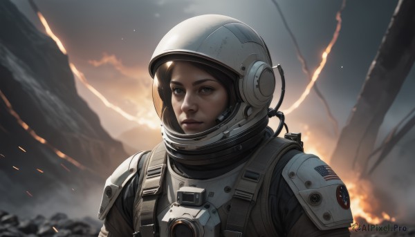 1girl,solo,looking at viewer,brown hair,brown eyes,closed mouth,upper body,outdoors,sky,cloud,armor,blurry,lips,blurry background,helmet,fire,science fiction,mountain,realistic,nose,pilot suit,explosion,spacesuit,pilot,astronaut,black hair,portrait,smoke,dirty,debris,embers